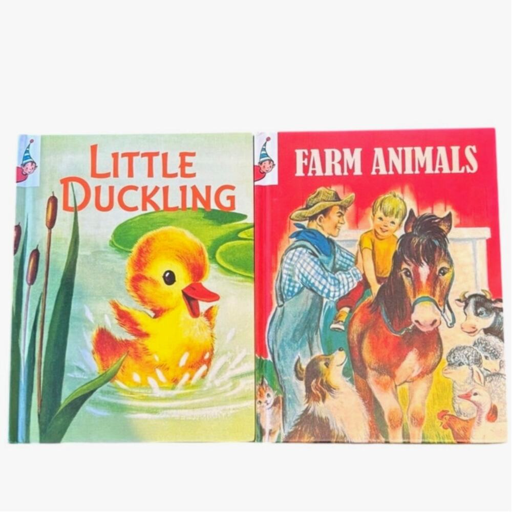 2 Vintage Reproduction Junior Elf Books, Farm Animals and Little Duckling, New